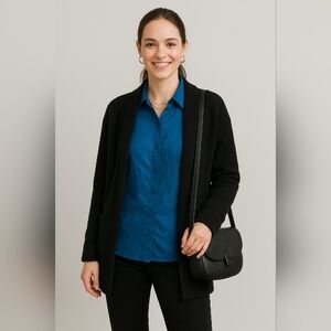 Embroidered Satin Button-Up Shirt Blue Teal Long Sleeve Sz Small